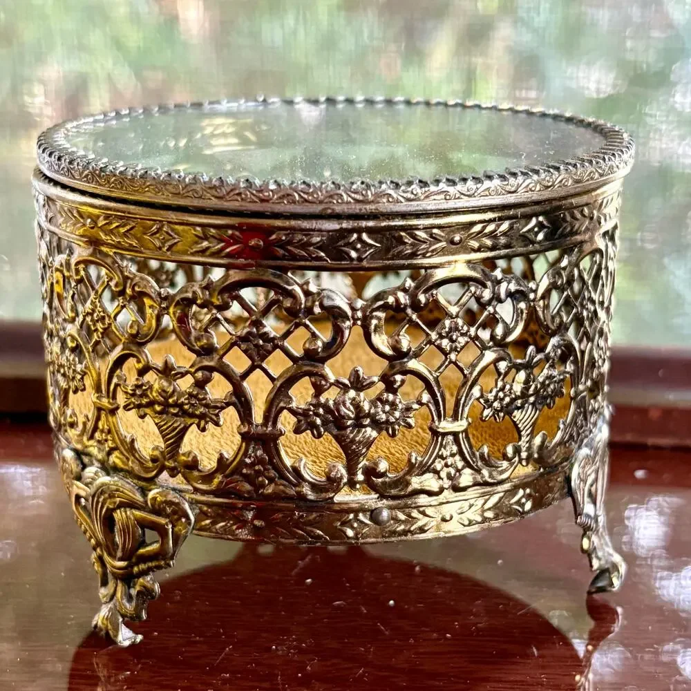 Vintage Gold Filigree Jewelry Casket Footed Trinket Box with Glass Lid